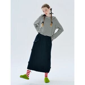 Imakokoni Ruffled Top Gray White Stripe Crew Neck Pullover Long Sleeve Sz L